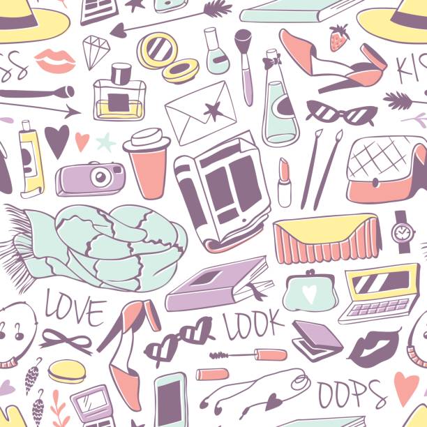 Feminine stuff hand drawn seamless pattern vector illustration Feminine stuff hand drawn seamless pattern vector illustration. Modern object glamour perfume essentials. Style accessories female vintage travel shopping decoration. woman lipstick glass stock illustrations
