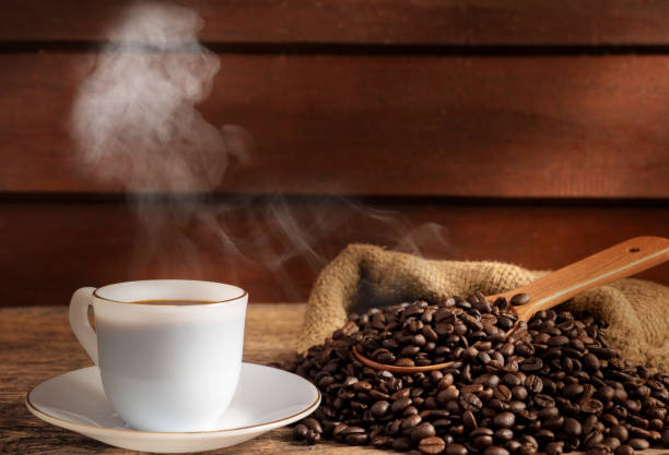 istock Still life hot coffee and coffee bean roasted 641234576