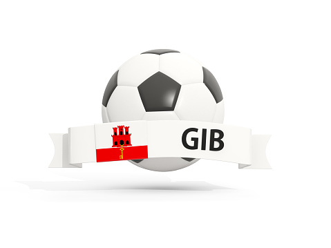 Flag of gibraltar, football with banner and country code isolated on white. 3D illustration