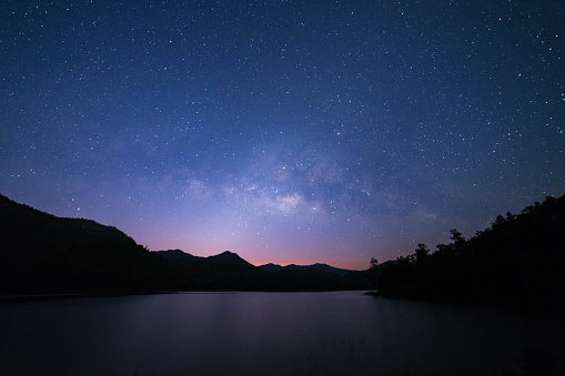 Peaceful starry night sky on the river landscape background : Thailand