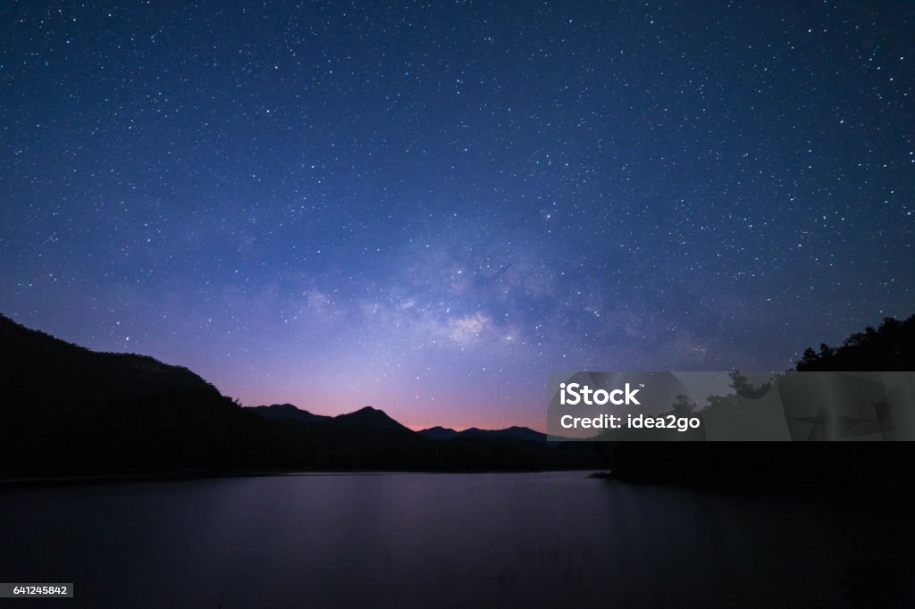 Peaceful starry night sky on the river landscape background Peaceful starry night sky on the river landscape background : Thailand Star Field Stock Photo
