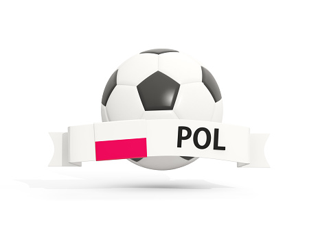 Flag of poland, football with banner and country code isolated on white. 3D illustration