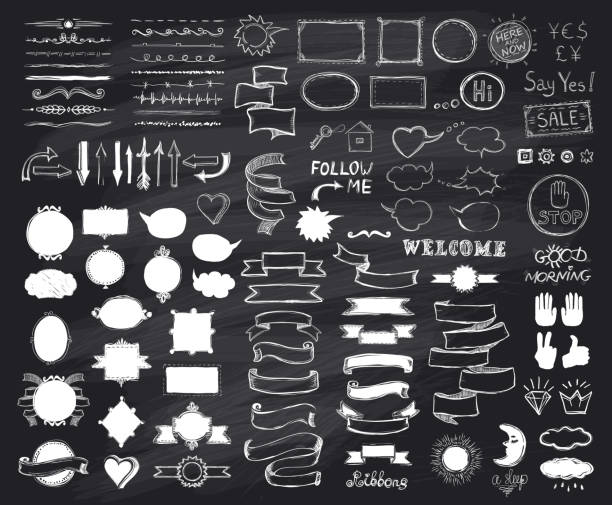 Chalk hand drawn sketch elements on chalkboard, vector  illustration Chalk hand drawn sketch elements on chalkboard, doodle graphic line elements, vintage style ribbons, frames, silhouettes and phrases blackboard texture stock illustrations