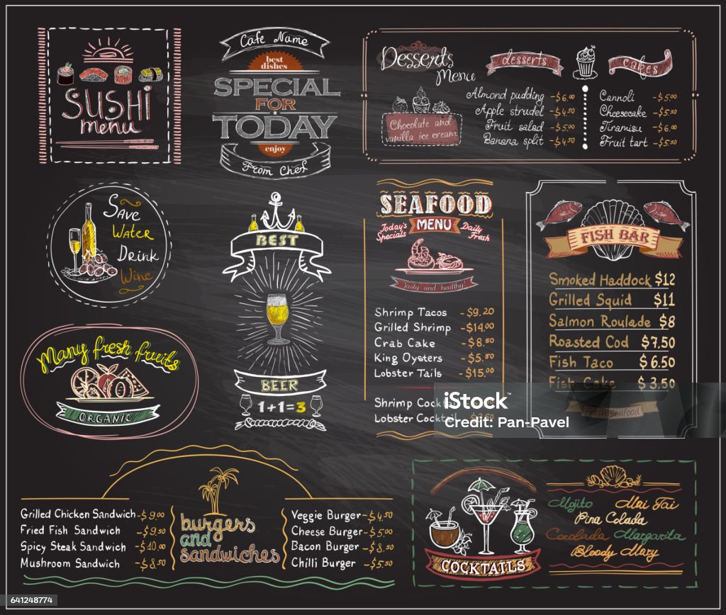 Chalk menu list blackboard designs set for cafe or restaurant Chalk menu list blackboard designs set for cafe or restaurant, sushi menu, desserts, seafood, fish bar, cocktails, beer, burgers and sandwiches, copy space  mock up Menu stock vector