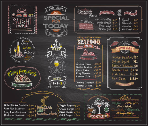 Chalk menu list blackboard designs set for cafe or restaurant Chalk menu list blackboard designs set for cafe or restaurant, sushi menu, desserts, seafood, fish bar, cocktails, beer, burgers and sandwiches, copy space  mock up lunch borders stock illustrations