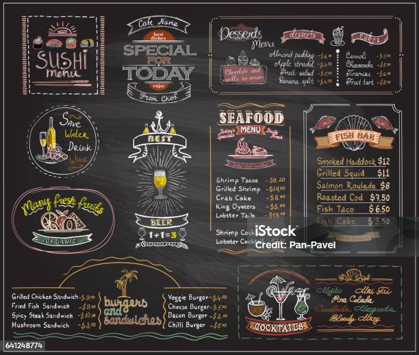 Chalk Menu List Blackboard Designs Set For Cafe Or Restaurant Stock Illustration - Download Image Now