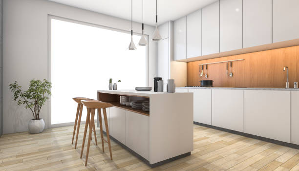 3d rendering white modern kitchen with wood bar stock photo