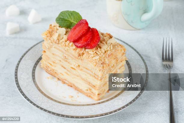 Slice Of Mille Feuille Cake On A Plate Stock Photo - Download Image Now - Backgrounds, Baked, Baked Pastry Item