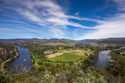 Summer time New Norfolk,Tasmania. Looking down at the River Derwent and farming land. Taken from Pulpit Rock look out.