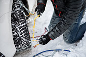 Mounting snow chains on a car tire