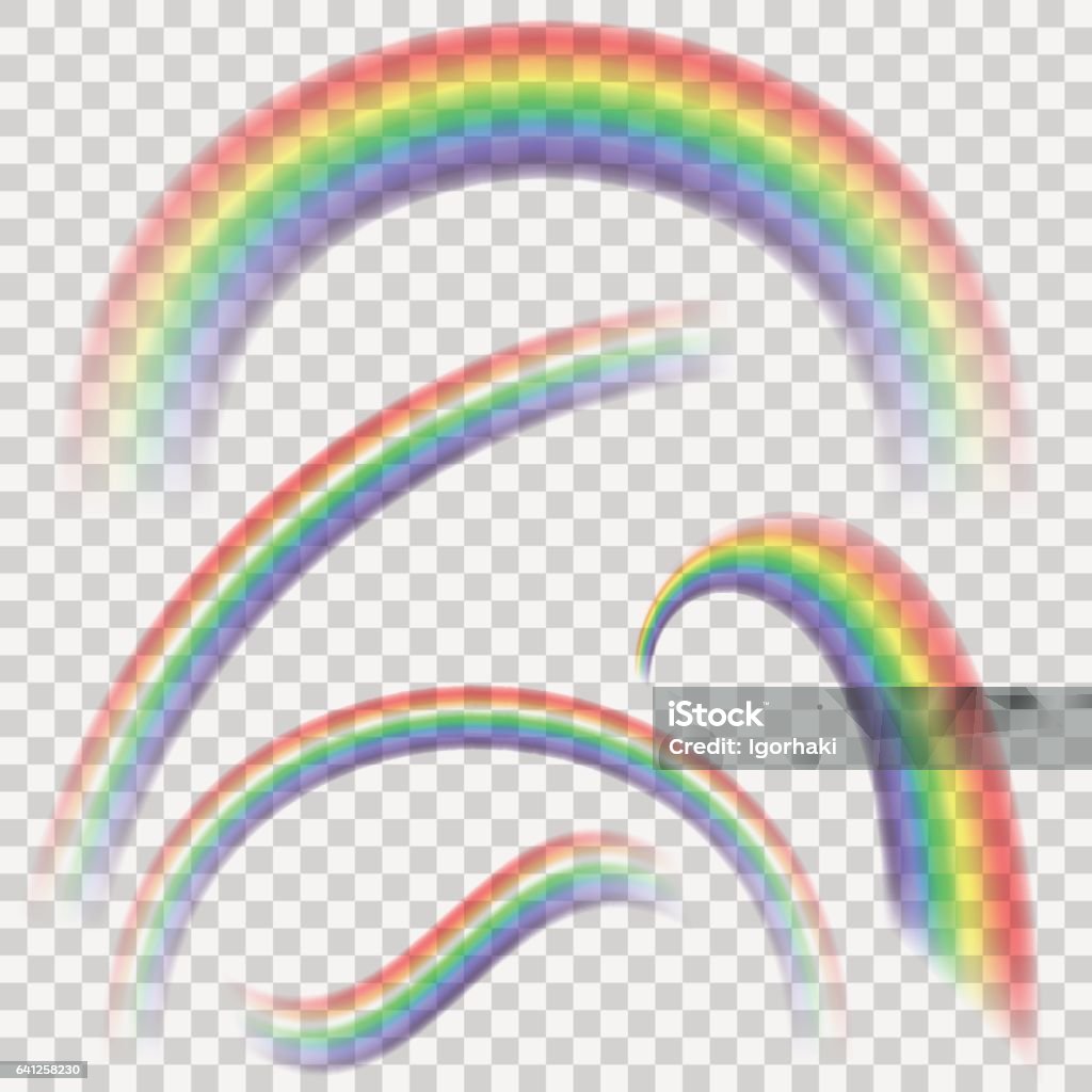 Conjunto arco iris colorido realista transparente. Colección arco iris aislado sobre fondo de vector transparente. - arte vectorial de Arco iris libre de derechos