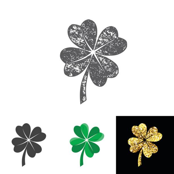 ilustrações de stock, clip art, desenhos animados e ícones de vector illustration of four leaved clover set for saint patricks day greeting - st patricks day spring clover leaf shape clover