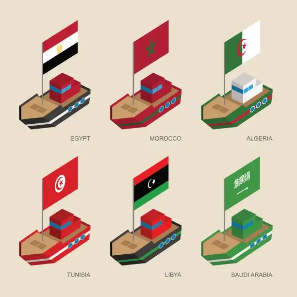 Vector illustration of Set of isometric ships with flags of Middle East countries
