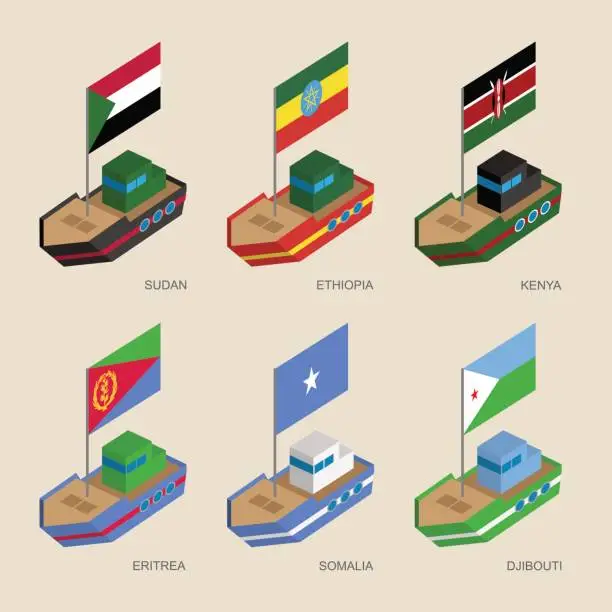 Vector illustration of Set of isometric ships with flags of African countries