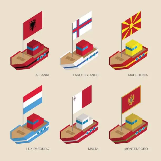 Vector illustration of Set of isometric ships with flags of Central Europe