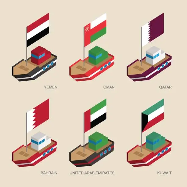 Vector illustration of Set of isometric ships with flags of Gulf countries