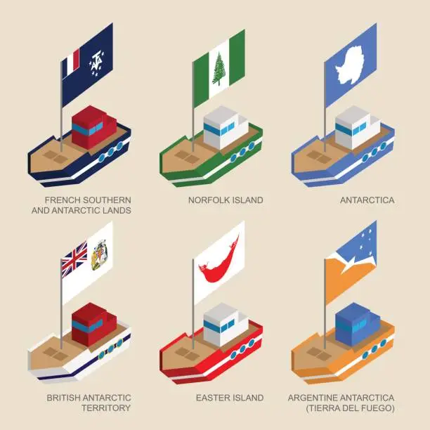 Vector illustration of Set of isometric ships with flags of countries and territories