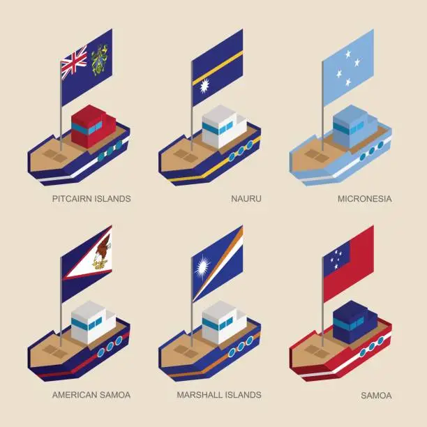 Vector illustration of Set of isometric ships with flags of countries in Oceania