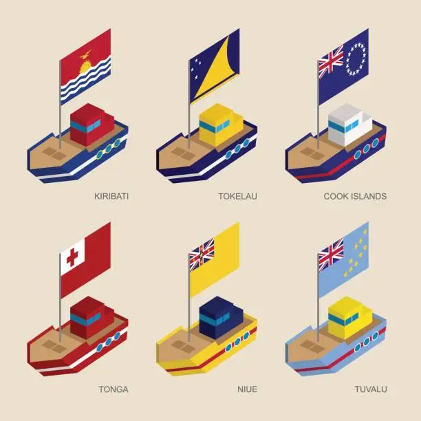 Vector illustration of Set of isometric ships with flags of countries in Oceania