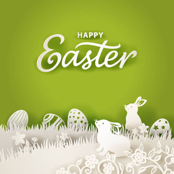 ilustrações de stock, clip art, desenhos animados e ícones de easter bunnies paper cut background - decoration eggs leaf easter