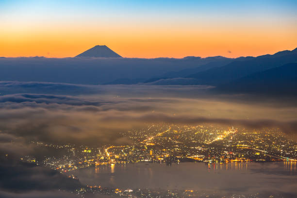Mount Fuji Sunrise aerial Mount Fuji with Suwako Lake sunrise Takabochi suwa lake photos stock pictures, royalty-free photos & images