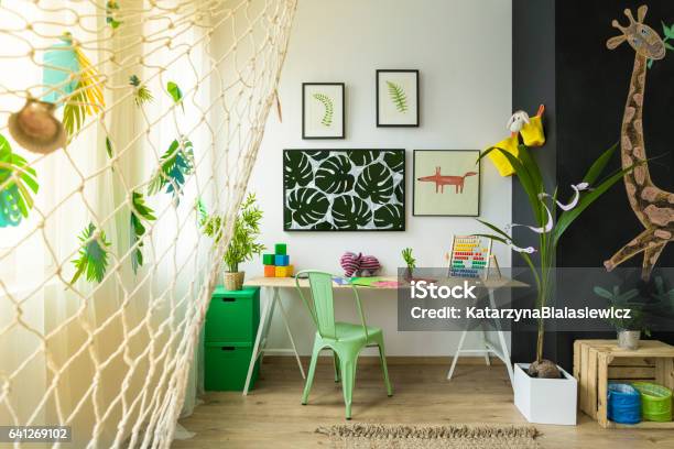 Kids Study Space With Desk Stock Photo - Download Image Now - Child, Home Office, Domestic Room