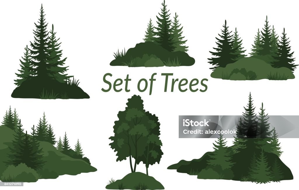 Paisajes con siluetas de árboles - arte vectorial de Bosque libre de derechos