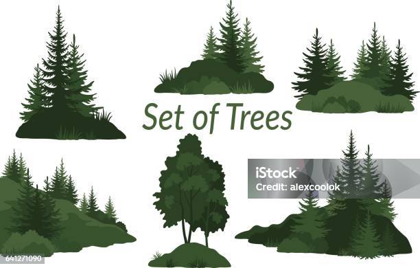Ilustración de Paisajes Con Siluetas De Árboles y más Vectores Libres de Derechos de Bosque - Bosque, Pino - Conífera, Árbol