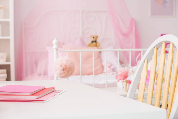 Bright girl room with desk, chair and pink canopy bed