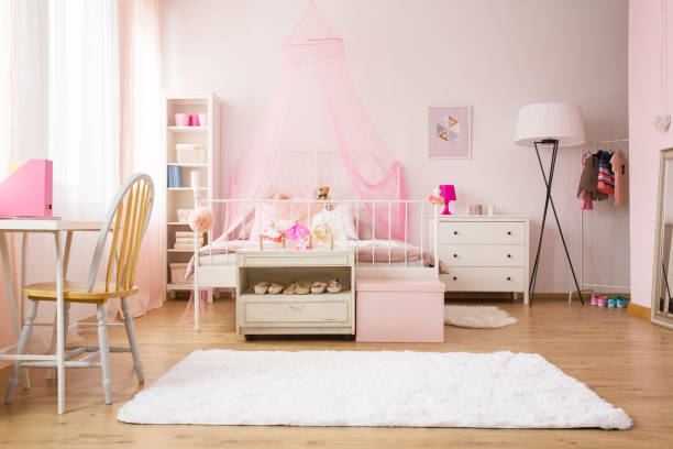 Multifunctional girl room with bed Multifunctional girl room with bed, rug, chair and desk contemporary dance stock pictures, royalty-free photos & images