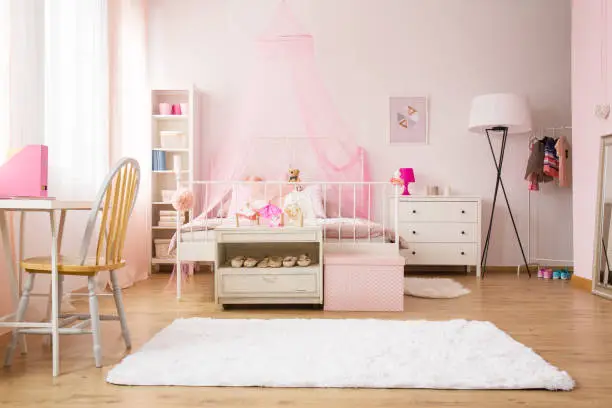 Multifunctional girl room with bed, rug, chair and desk