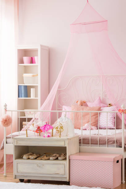istock Girls bedroom with canopy bed 641272740