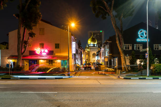 Masjid Sultan Mosque at night in Kampong Glam Malay Heritage District with passing traffic in Singapore