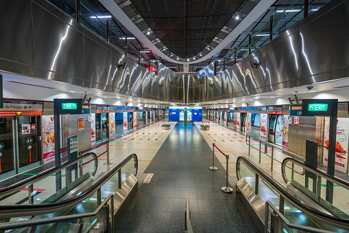Empty Harbourfront MRT station platform after passengers have departed the platform in Singapore city