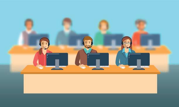 Call center agents team at office flat banner Call center agents team at office. Flat vector banner. Customer care operators, guys and girls with smiling faces sitting at desks with computers. Online support service assistants with headphones. hotline background stock illustrations