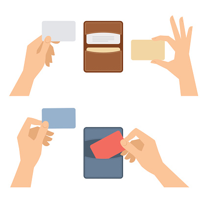 Businessman hands takes out a business card from holder, holds credit cards. Isolated on white flat concept illustration of cardholders, blanks. Vector infographic elements for web, presentations.