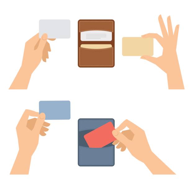 Hands takes out business card from holder, holds credit cards. Businessman hands takes out a business card from holder, holds credit cards. Isolated on white flat concept illustration of cardholders, blanks. Vector infographic elements for web, presentations. wallet illustrations stock illustrations
