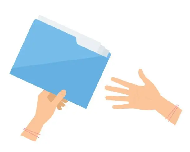 Vector illustration of Business woman's hand gives to another a blue document folder.
