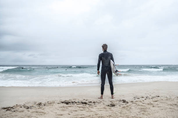 istock Surfer standing on beach looking out towards the sea, rear view 641274760
