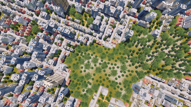 Land plot management - Building permit concept with imaginary General Urban, zoning regulations, urban destinations, land use, buildable areas and free building land plot on cadastral map