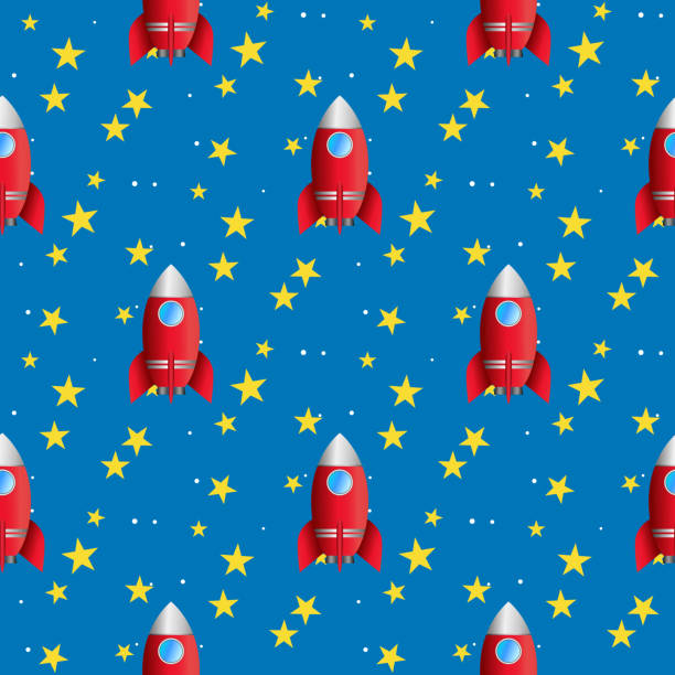 Space seamless pattern rocket, spaceship and stars