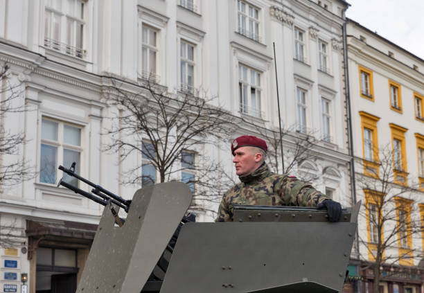 KRAKOW, POLAND - JANUARY 14, 2017: Welcome to American troops on Krakow Market Square during picnic Secure Poland dedicated to arriving of soldiers for strengthening of the eastern flank of NATO.