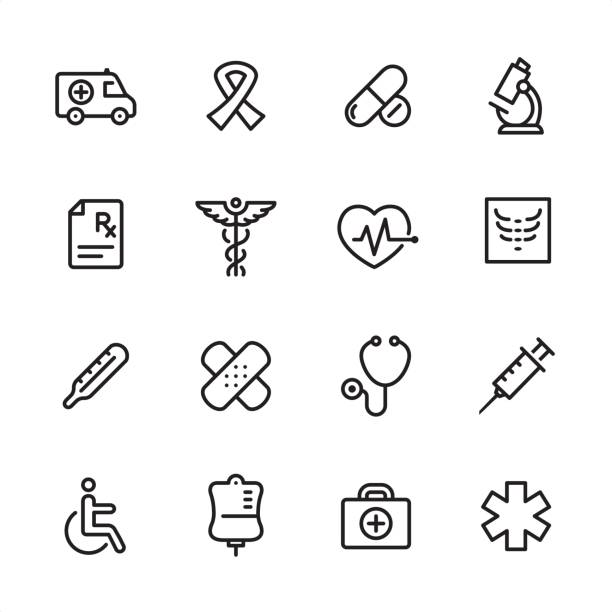 ilustraciones, imágenes clip art, dibujos animados e iconos de stock de medicina - conjunto de iconos de contorno - medicina de emergencia