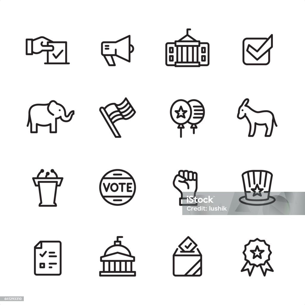 Politics - outline icon set 16 line black and white icons / Set #13 American Flag stock vector