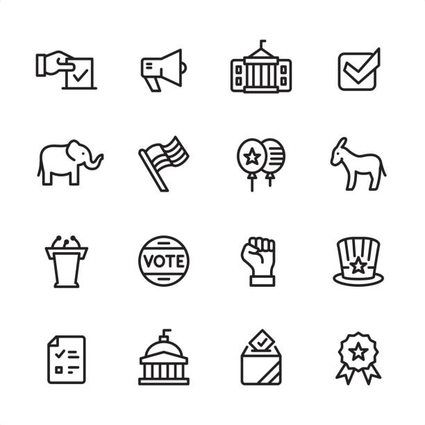 Politics - outline icon set 16 line black and white icons / Set #13 political party illustrations stock illustrations