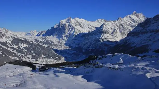 View from the Mannlichen ski area. Grindelwald in winter and ski slopes.