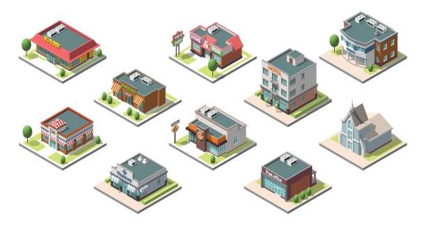 bildbanksillustrationer, clip art samt tecknat material och ikoner med vector isometric buildings set. isolated on white background - polisstation