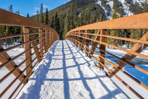 istock Winter Footbridge over Frozen Mountain River 641306672