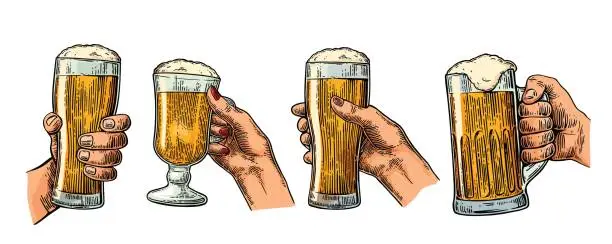 Vector illustration of Man and woman hands holding and clinking with beer glass.