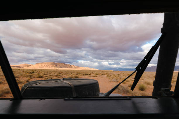 View from drivers position in an SUV, driving off road in Morocc stock photo